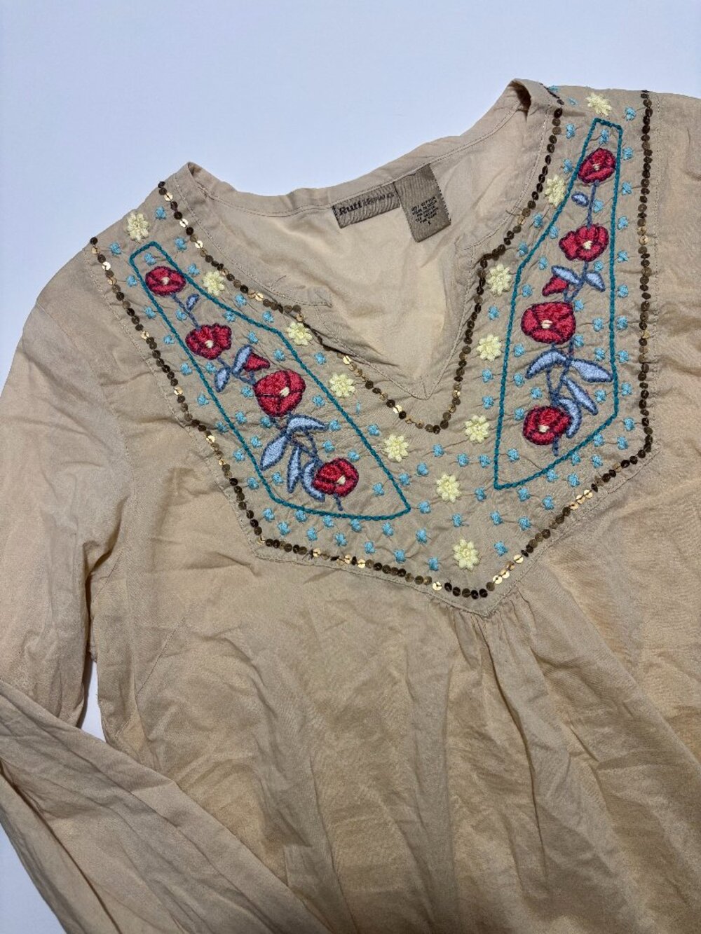 Ruff Hewn Tan Red Blue & Yellow Boho Cotton Blouse